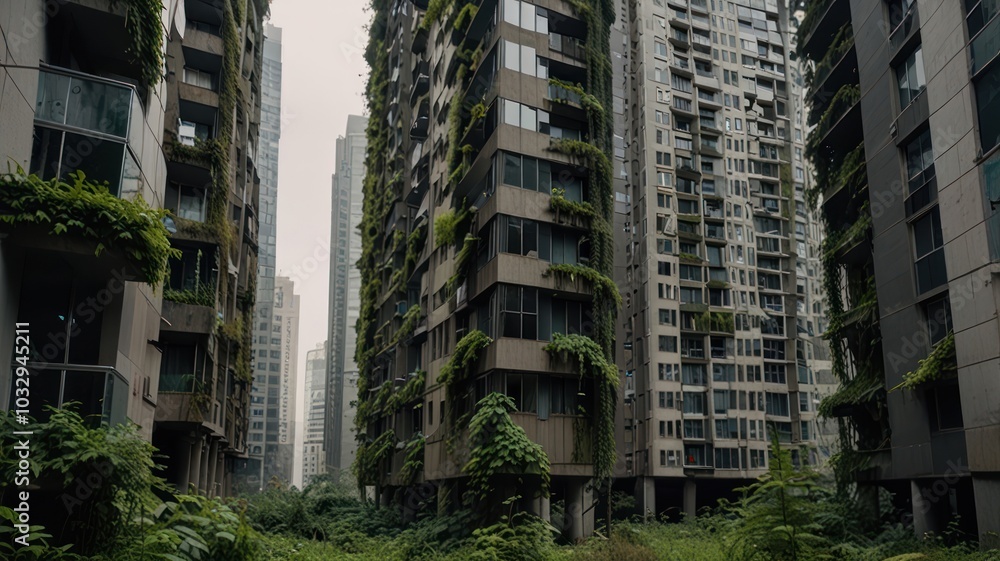 Overgrown apartment buildings in an urban jungle. Overgrown apartment buildings in an urban jungle.