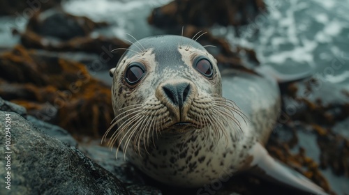 Playful Seal Close-Up on Rocky Shoreline