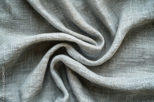 Soft gray linen fabric draped in a spiral pattern showcasing its texture and natural fibers