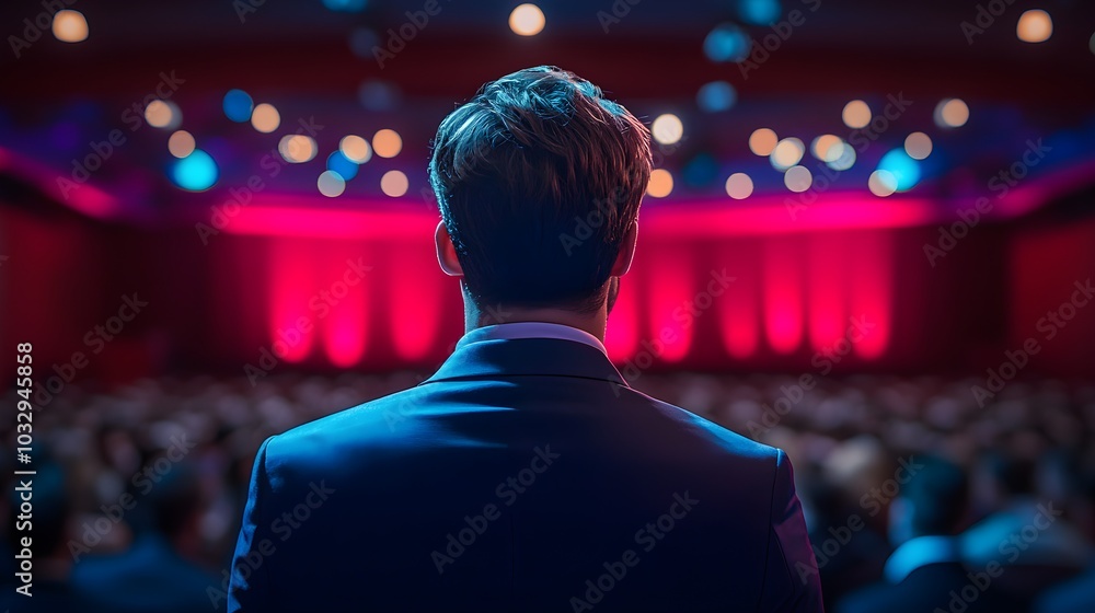 Presenter at a corporate event, captured from behind, addressing an engaged audience, conference room filled with professionals, minimalist stage design Presenter at a corporate event, captured from behind, addressing an engaged audience, conference room filled with professionals, minimalist stage design