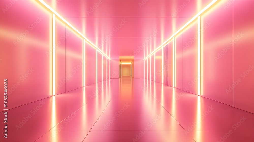 Futuristic corridor with gold accents, glowing pink neon strips along the walls, reflective floors, 3D render, neon pink and gold, high-tech vibe, ultra-realistic Futuristic corridor with gold accents, glowing pink neon strips along the walls, reflective floors, 3D render, neon pink and gold, high-tech vibe, ultra-realistic