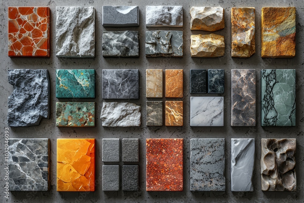Diverse collection of natural stone samples arranged neatly on a gray surface showcasing various textures and colors Diverse collection of natural stone samples arranged neatly on a gray surface showcasing various textures and colors