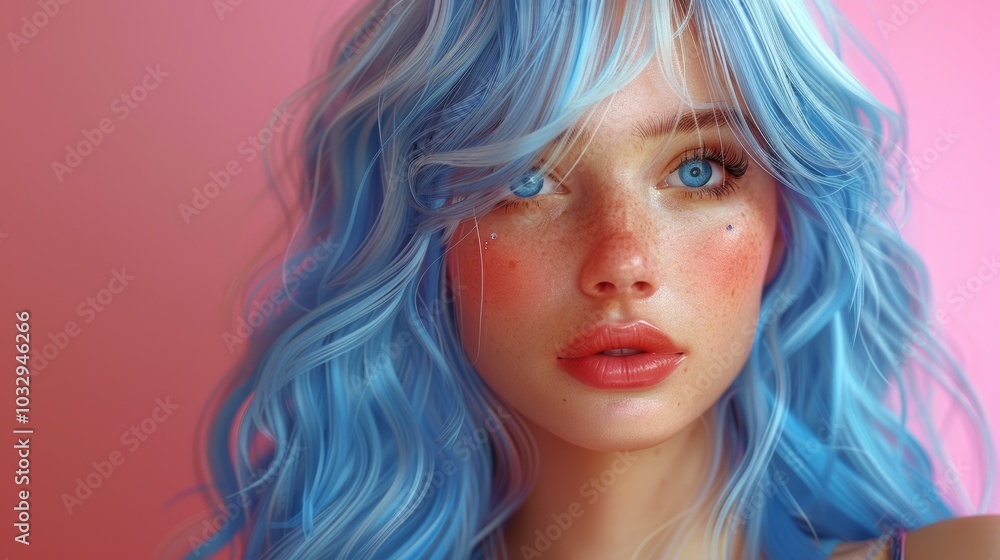 Unreal vibrant portrait of girl with pink blue hair, creating playful ethereal look. Perfect for modern fashion beauty campaigns, emphasizing bold colors youthfulness. Unreal vibrant portrait of girl with pink blue hair, creating playful ethereal look. Perfect for modern fashion beauty campaigns, emphasizing bold colors youthfulness.