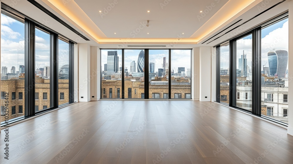 Fototapeta premium Modern interior with city skyline view