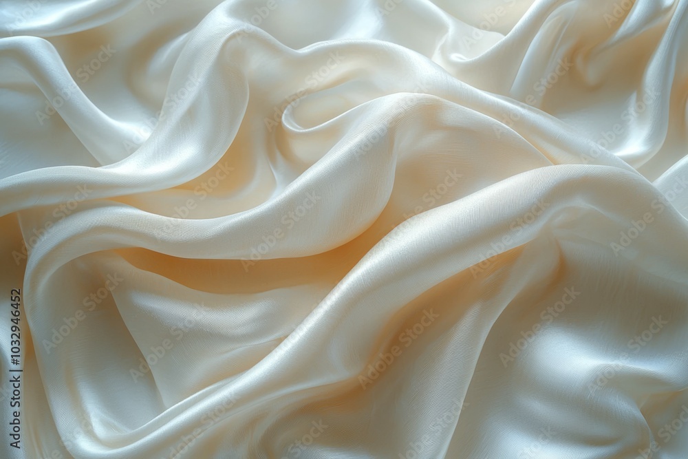Smooth, luxurious cream-colored satin fabric draped elegantly on a surface in soft natural light Smooth, luxurious cream-colored satin fabric draped elegantly on a surface in soft natural light