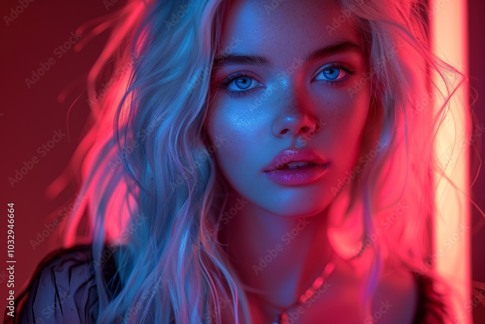 Unreal vibrant portrait of girl with pink blue hair, creating playful ethereal look. Perfect for modern fashion beauty campaigns, emphasizing bold colors youthfulness. Unreal vibrant portrait of girl with pink blue hair, creating playful ethereal look. Perfect for modern fashion beauty campaigns, emphasizing bold colors youthfulness.