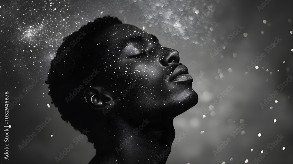 A Black man's side profile merges with a starry night sky, vintage photography aesthetic, monochromatic tones with galaxy accents, high contrast A Black man's side profile merges with a starry night sky, vintage photography aesthetic, monochromatic tones with galaxy accents, high contrast