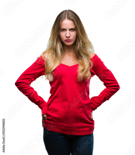 Young beautiful blonde woman wearing red sweater over isolated background skeptic and nervous, frowning upset because of problem. Negative person.