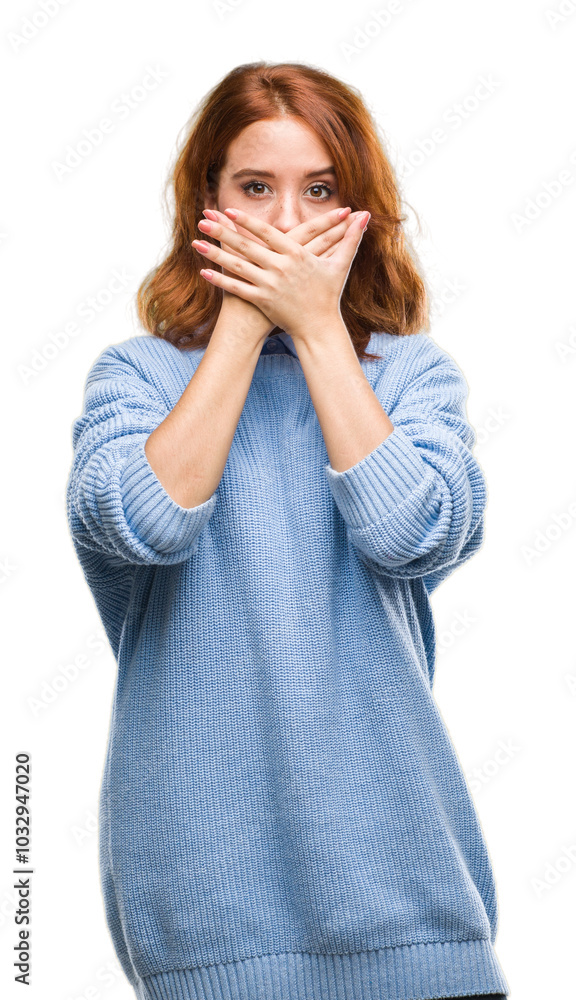 Young beautiful woman over isolated background wearing winter sweater shocked covering mouth with hands for mistake. Secret concept. Young beautiful woman over isolated background wearing winter sweater shocked covering mouth with hands for mistake. Secret concept.