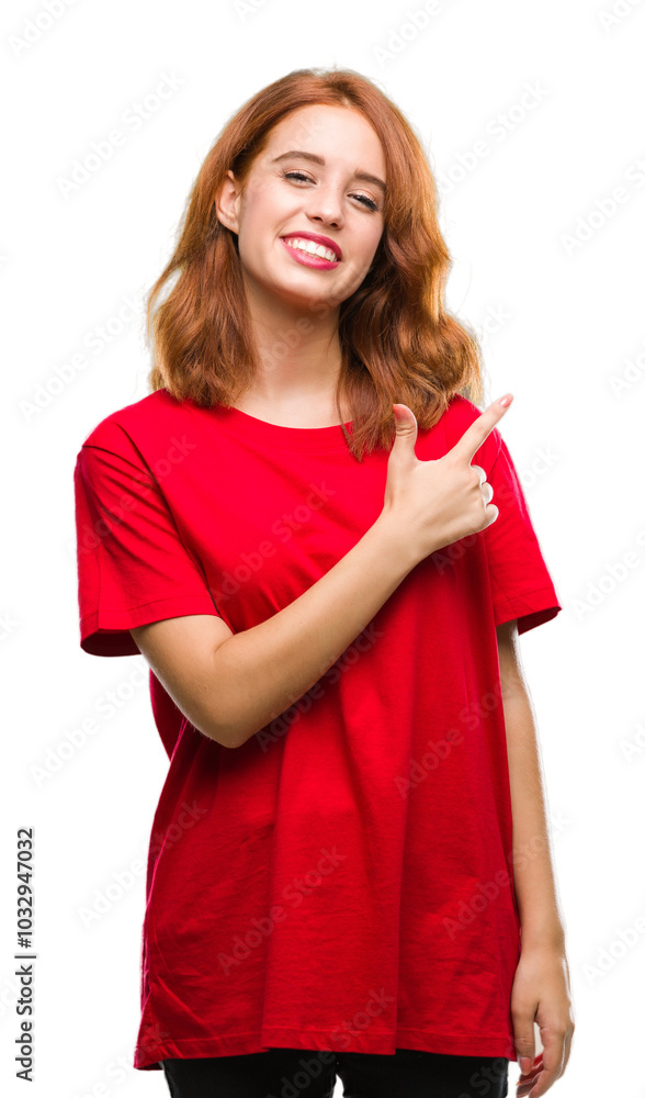 Young beautiful woman over isolated background cheerful with a smile of face pointing with hand and finger up to the side with happy and natural expression on face looking at the camera. Young beautiful woman over isolated background cheerful with a smile of face pointing with hand and finger up to the side with happy and natural expression on face looking at the camera.