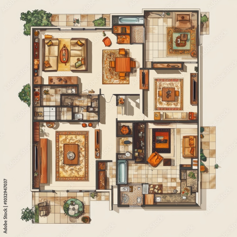 Obraz premium A floor plan of a house with a living room, dining room, and kitchen