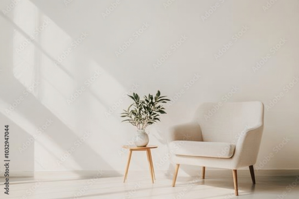 A white chair is sitting in front of a white wall A white chair is sitting in front of a white wall