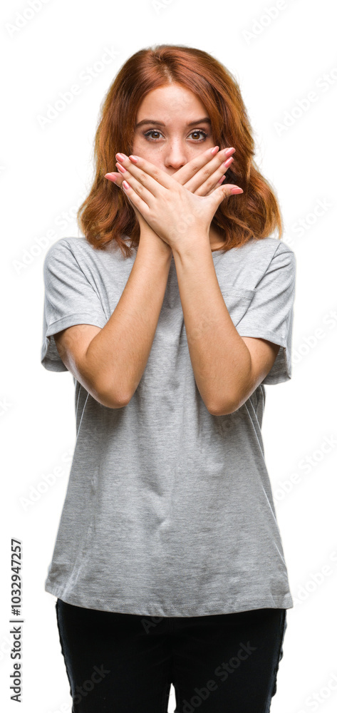 Young beautiful woman over isolated background shocked covering mouth with hands for mistake. Secret concept. Young beautiful woman over isolated background shocked covering mouth with hands for mistake. Secret concept.