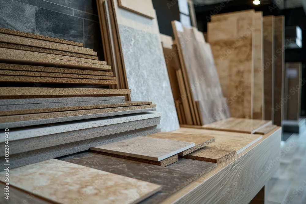 Display of various flooring samples showcased at a home improvement exhibition in a well-lit venue Display of various flooring samples showcased at a home improvement exhibition in a well-lit venue