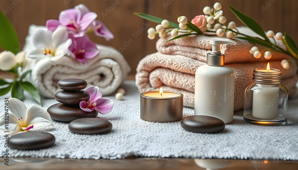Aromatherapy, spa, beauty treatment and wellness background with massage pebbles, orchid flowers, towels, cosmetic products and burning candles isolated with white highlights, png Aromatherapy, spa, beauty treatment and wellness background with massage pebbles, orchid flowers, towels, cosmetic products and burning candles isolated with white highlights, png
