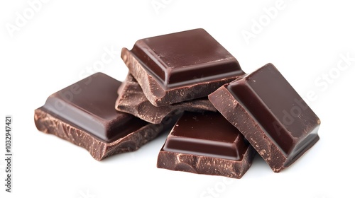 Pieces of dark chocolate isolated on white background.