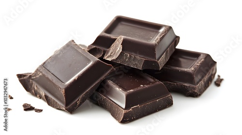Pieces of dark chocolate isolated on white background.