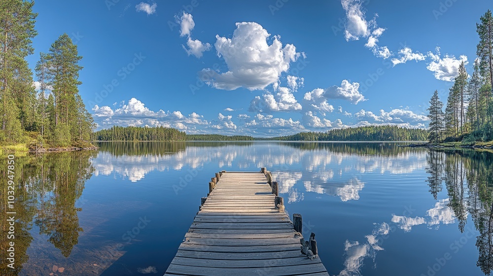 Obraz premium Calm Lake with Pier and Perfect Sky Reflection