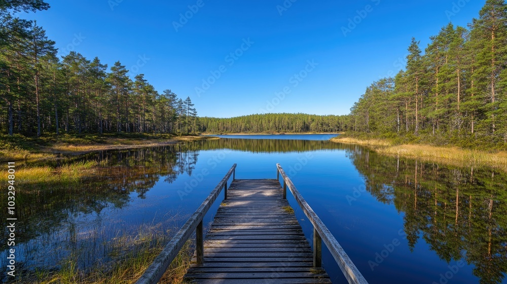 Serene Lake View with Wooden Dock and Clear Sky Serene Lake View with Wooden Dock and Clear Sky