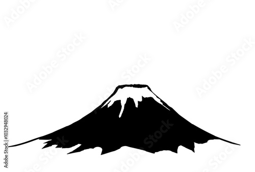 Black-and-white illustration of Mount Fuji drawn by brush.