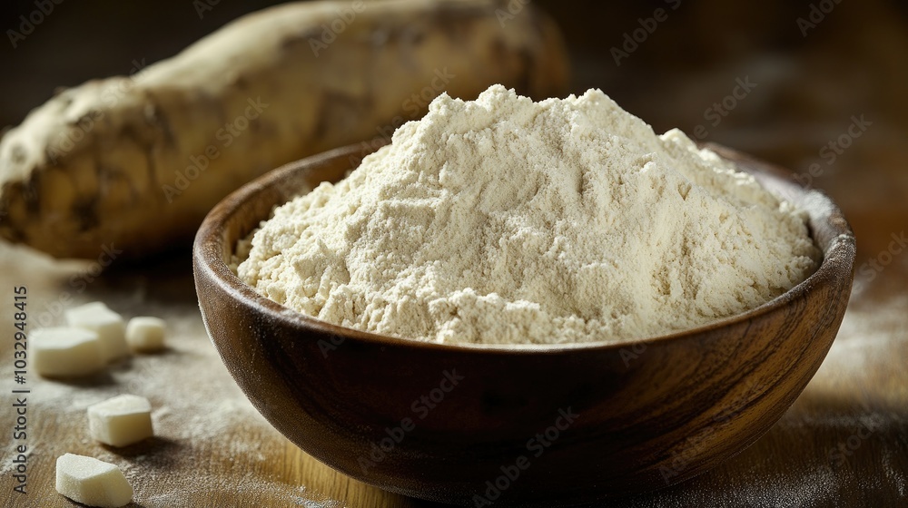 Freshly Milled Potato Flour in a Wooden Bowl Freshly Milled Potato Flour in a Wooden Bowl
