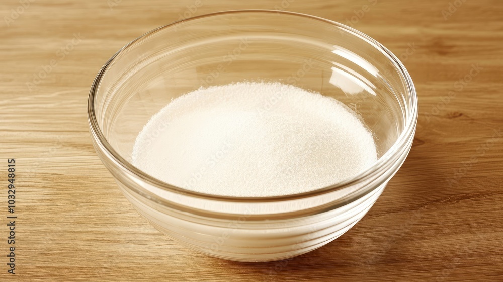 Granulated Sugar in a Clear Bowl on Wooden Table Granulated Sugar in a Clear Bowl on Wooden Table