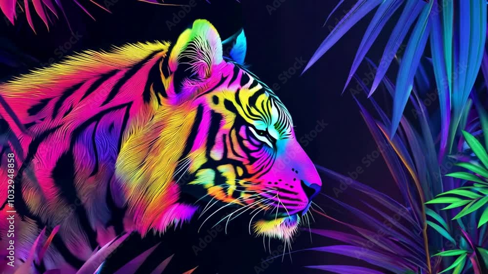 Neon Tiger in Tropical Paradise: A majestic tiger, rendered in vibrant neon hues, emerges from a jungle of neon leaves. The bold colors and intricate details create a striking visual. Neon Tiger in Tropical Paradise: A majestic tiger, rendered in vibrant neon hues, emerges from a jungle of neon leaves. The bold colors and intricate details create a striking visual.