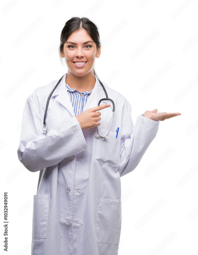 Young hispanic doctor woman very happy pointing with hand and finger Young hispanic doctor woman very happy pointing with hand and finger
