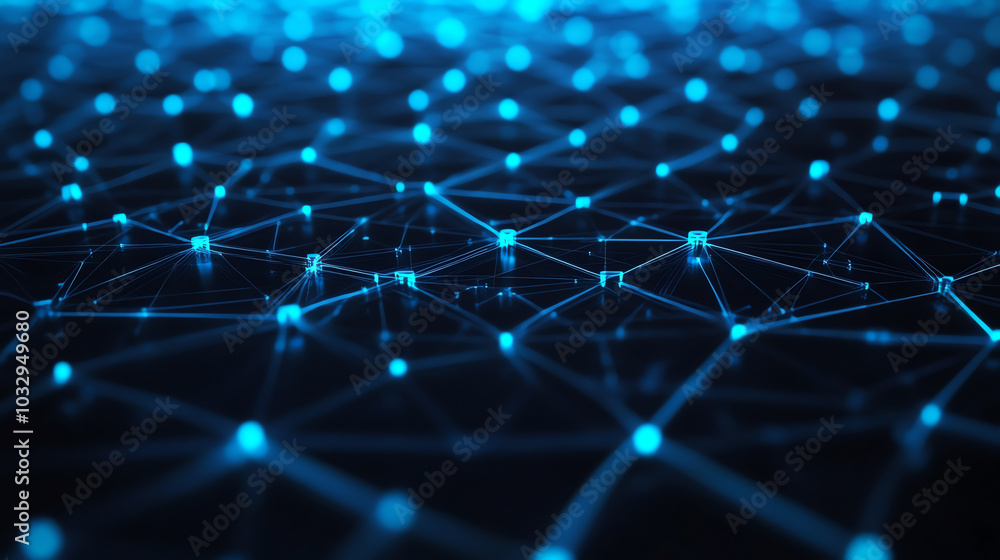 A close-up view of a digital network with interconnected dots and lines, showcasing modern technology and connectivity in a vibrant blue color scheme.