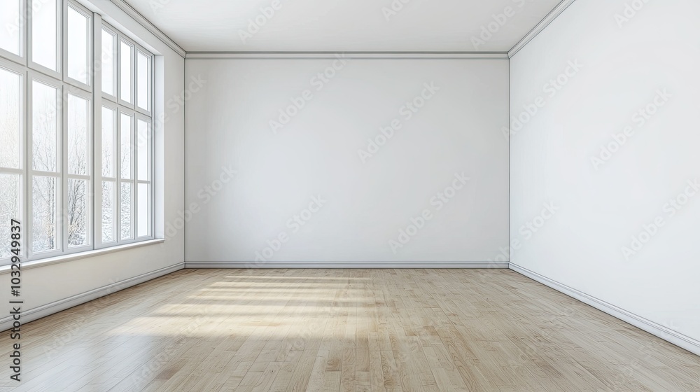 Obraz premium Bright and Empty Room with Windows and Wooden Floor