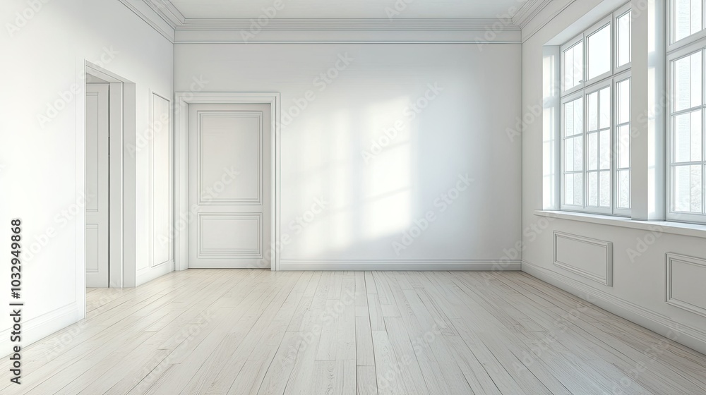 Bright Minimalist Interior Space with Wooden Floor Bright Minimalist Interior Space with Wooden Floor