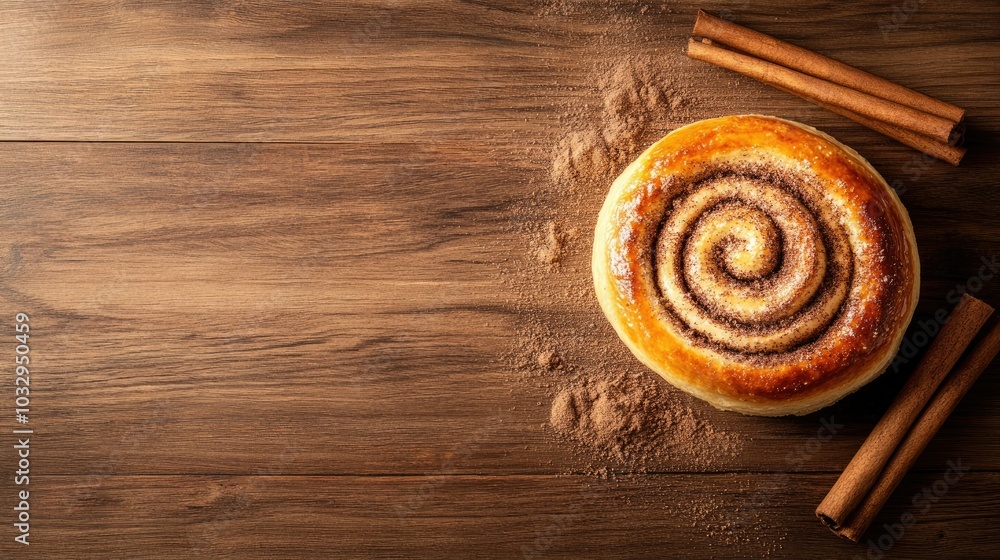 Freshly Baked Cinnamon Roll on Wooden Table Freshly Baked Cinnamon Roll on Wooden Table
