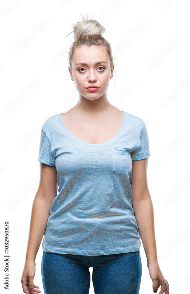 Young blonde woman over isolated background with serious expression on face. Simple and natural looking at the camera. Young blonde woman over isolated background with serious expression on face. Simple and natural looking at the camera.