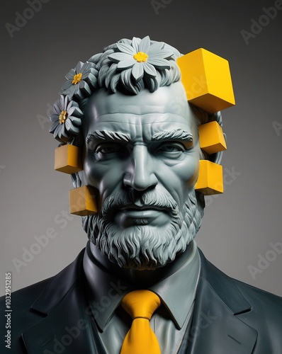 Bust in gray with yellow details. Gray sculpture or statue with modern yellow accents. bust. torso sculpture. very stoic Greek or Roman man, stoicism, macho man, masculine / femenine. photo