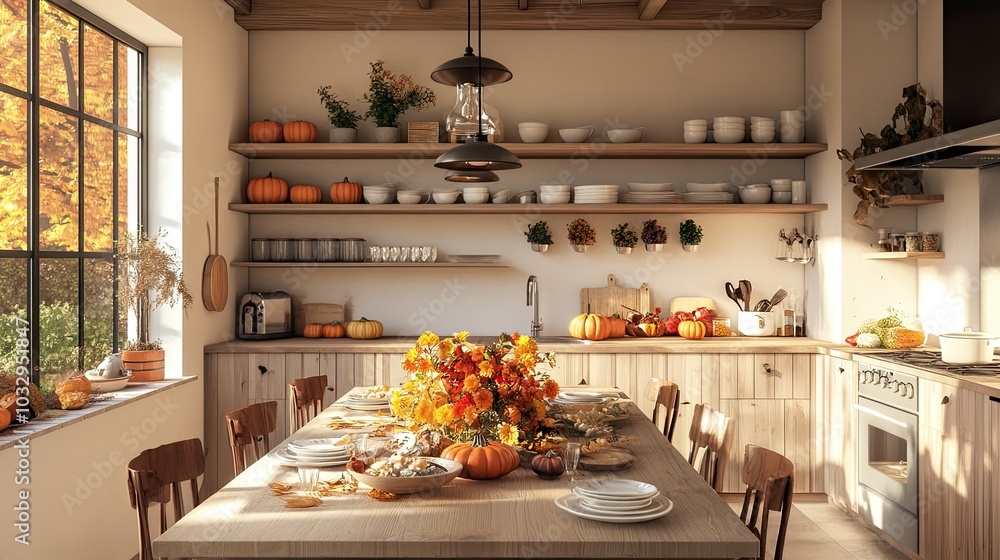 Cozy Autumn Kitchen with Fall Decorations and Pumpkins Cozy Autumn Kitchen with Fall Decorations and Pumpkins