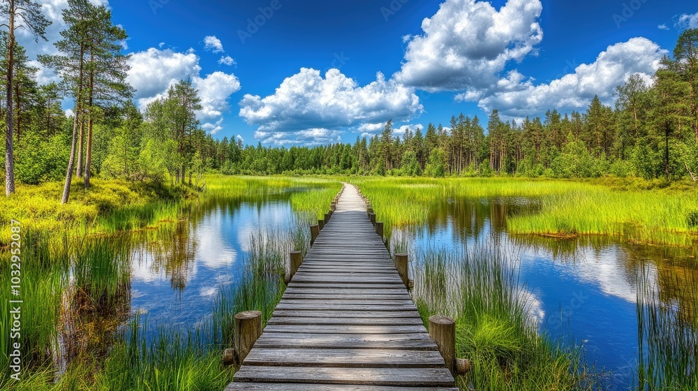 Serene Boardwalk Through Lush Wetland Landscape Serene Boardwalk Through Lush Wetland Landscape