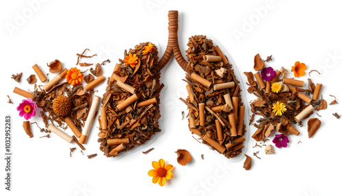 No smoking concept. Lungs made of dry tobacco, cigarettes and flowers on white background, flat lay isolated with white highlights, png photo