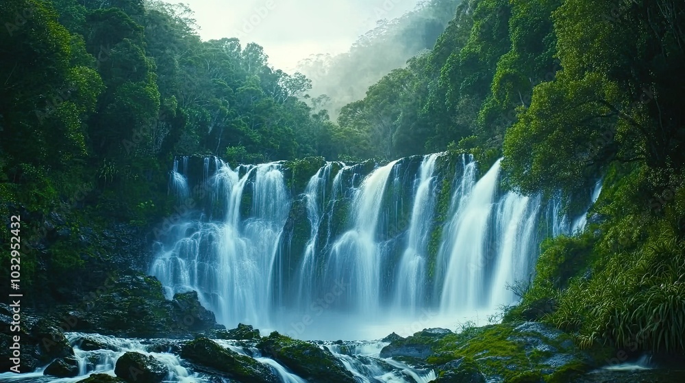 Fototapeta premium Serene Waterfall in Lush Green Landscape