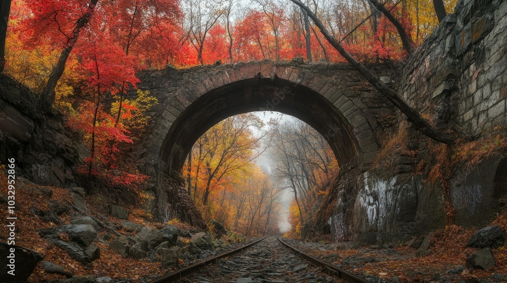 Naklejka premium Autumn Archway Over a Quiet Railway Track