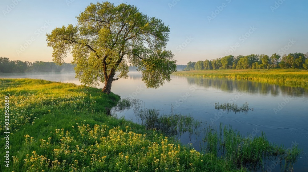 Fototapeta premium Tranquil River Scene with Lush Greenery and Sunrise