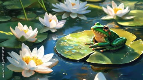 Frog on Lily Pad in Serene Pond Environment