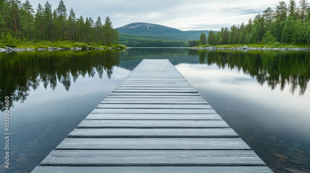 Peaceful Lake with Dock and Lush Green Landscape Peaceful Lake with Dock and Lush Green Landscape