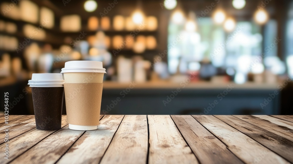 Warm Drinks on a Wooden Table in a Cozy Cafe Warm Drinks on a Wooden Table in a Cozy Cafe
