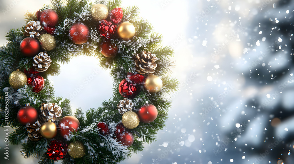 A festive Christmas wreath adorned with red and gold ornaments, set against a snowy background. A festive Christmas wreath adorned with red and gold ornaments, set against a snowy background.