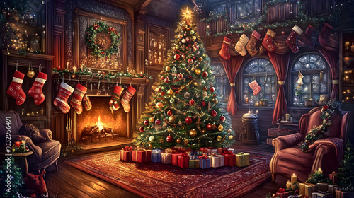 A cozy Christmas scene with a decorated tree, stockings, and gifts by a warm fireplace.