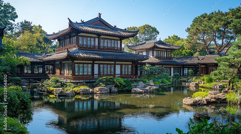 Chinese-style building, close-up view of the house, with a small river in front of house and blue sky. Chinese-style building, close-up view of the house, with a small river in front of house and blue sky.