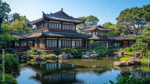 Chinese-style building, close-up view of the house, with a small river in front of house and blue sky.