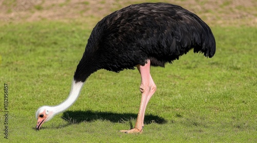 Elegant Ostrich Grazing in Green Field