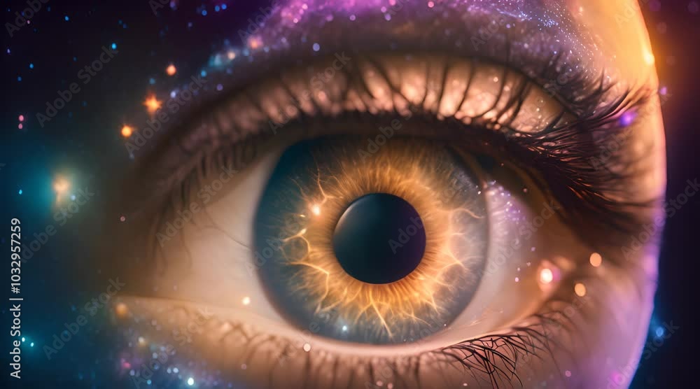 A giant eye with a twinkling, starry sky as the iris, and the turning planet Earth as the pupil A giant eye with a twinkling, starry sky as the iris, and the turning planet Earth as the pupil