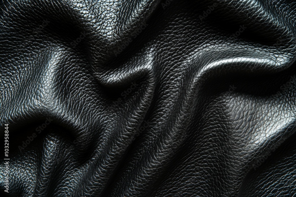 The image is of a black leather material with a wavy texture The image is of a black leather material with a wavy texture